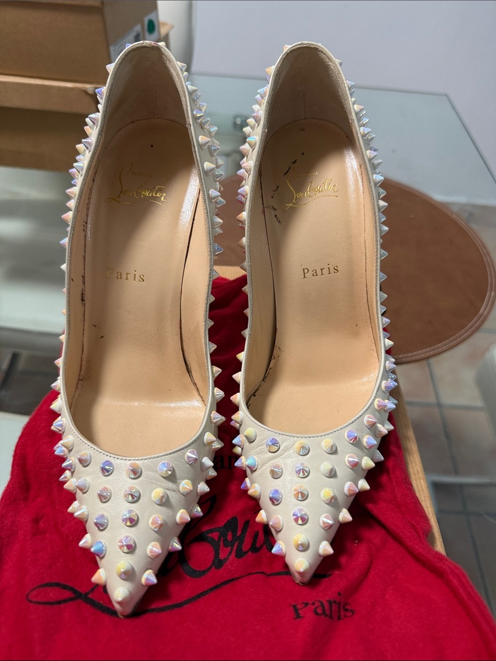 Christian Louboutin Iridescent-Studded White Pointed Toe Pumps